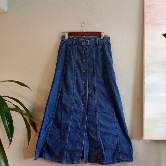 Liz Claiborne Vintage 70s Denim Preppy Button Down Bohemian Academia Midi Skirt - Picture 2 of 6